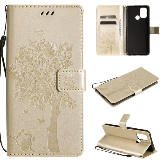 For OPPO Realme 7i / C17 Tree & Cat Pattern Pressed Printing Horizontal Flip PU Leather Case with Holder & Card Slots & Wallet & Lanyard(Gold) - Realme Cases by buy2fix | Online Shopping UK | buy2fix