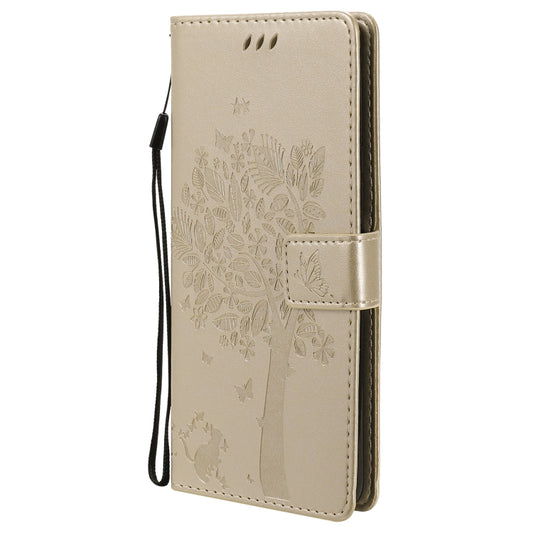 For OPPO Realme 7i / C17 Tree & Cat Pattern Pressed Printing Horizontal Flip PU Leather Case with Holder & Card Slots & Wallet & Lanyard(Gold) - Realme Cases by buy2fix | Online Shopping UK | buy2fix