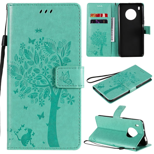 For Huawei Y9a Tree & Cat Pattern Pressed Printing Horizontal Flip PU Leather Case with Holder & Card Slots & Wallet & Lanyard(Green) - Huawei Cases by buy2fix | Online Shopping UK | buy2fix