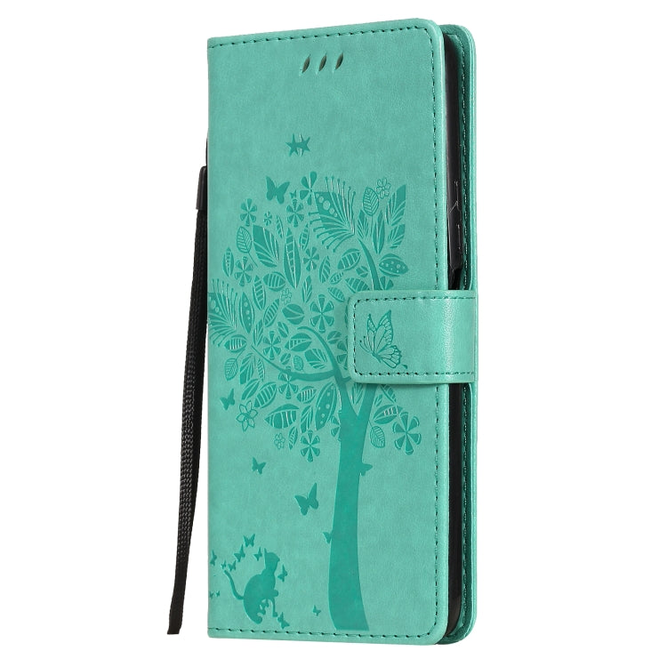 For Huawei Y9a Tree & Cat Pattern Pressed Printing Horizontal Flip PU Leather Case with Holder & Card Slots & Wallet & Lanyard(Green) - Huawei Cases by buy2fix | Online Shopping UK | buy2fix