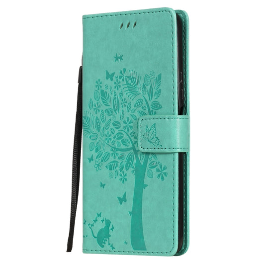 For Huawei Y9a Tree & Cat Pattern Pressed Printing Horizontal Flip PU Leather Case with Holder & Card Slots & Wallet & Lanyard(Green) - Huawei Cases by buy2fix | Online Shopping UK | buy2fix