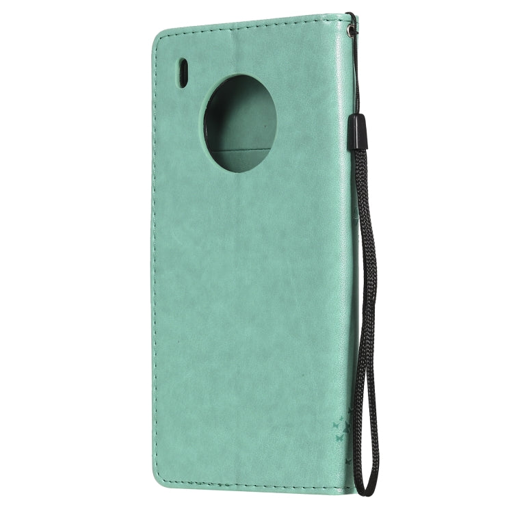 For Huawei Y9a Tree & Cat Pattern Pressed Printing Horizontal Flip PU Leather Case with Holder & Card Slots & Wallet & Lanyard(Green) - Huawei Cases by buy2fix | Online Shopping UK | buy2fix