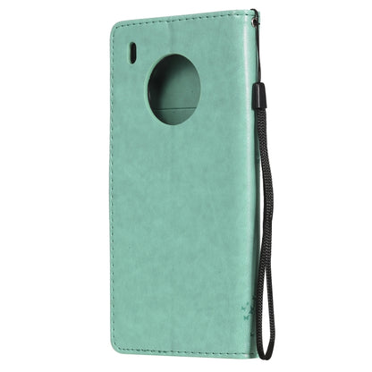 For Huawei Y9a Tree & Cat Pattern Pressed Printing Horizontal Flip PU Leather Case with Holder & Card Slots & Wallet & Lanyard(Green) - Huawei Cases by buy2fix | Online Shopping UK | buy2fix
