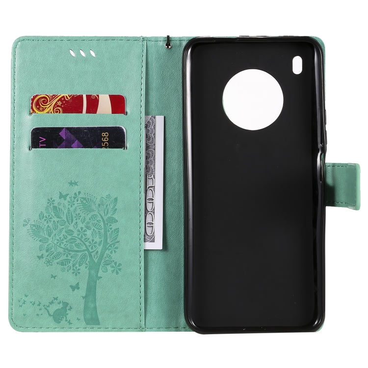 For Huawei Y9a Tree & Cat Pattern Pressed Printing Horizontal Flip PU Leather Case with Holder & Card Slots & Wallet & Lanyard(Green) - Huawei Cases by buy2fix | Online Shopping UK | buy2fix