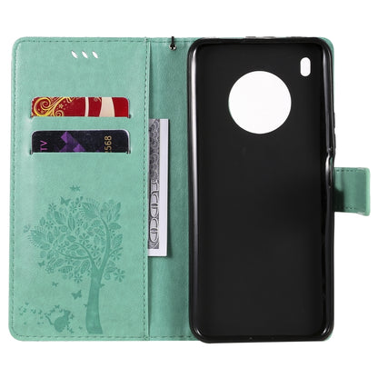 For Huawei Y9a Tree & Cat Pattern Pressed Printing Horizontal Flip PU Leather Case with Holder & Card Slots & Wallet & Lanyard(Green) - Huawei Cases by buy2fix | Online Shopping UK | buy2fix
