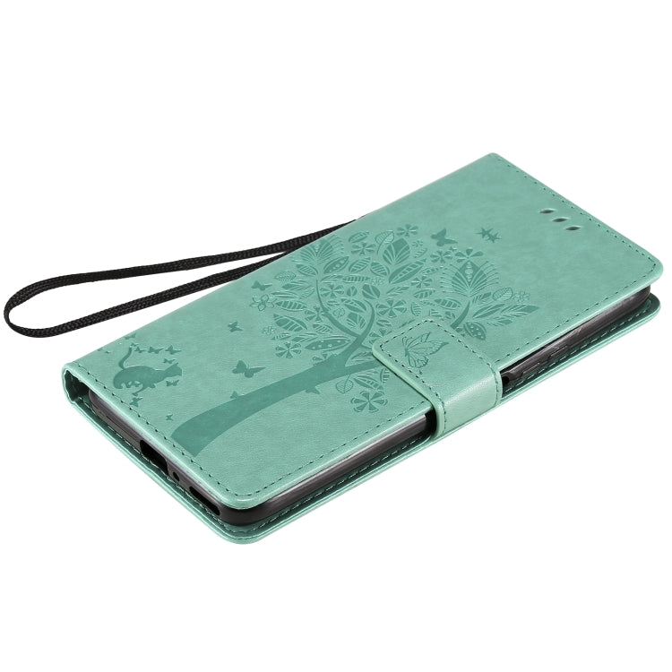 For Huawei Y9a Tree & Cat Pattern Pressed Printing Horizontal Flip PU Leather Case with Holder & Card Slots & Wallet & Lanyard(Green) - Huawei Cases by buy2fix | Online Shopping UK | buy2fix