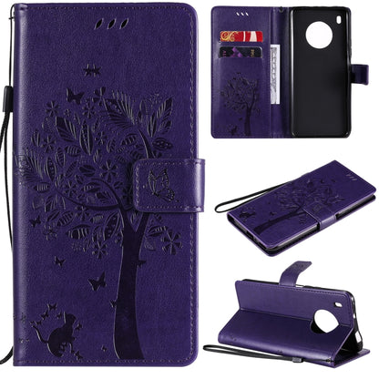 For Huawei Y9a Tree & Cat Pattern Pressed Printing Horizontal Flip PU Leather Case with Holder & Card Slots & Wallet & Lanyard(Purple) - Huawei Cases by buy2fix | Online Shopping UK | buy2fix