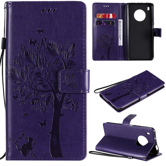 For Huawei Y9a Tree & Cat Pattern Pressed Printing Horizontal Flip PU Leather Case with Holder & Card Slots & Wallet & Lanyard(Purple) - Huawei Cases by buy2fix | Online Shopping UK | buy2fix