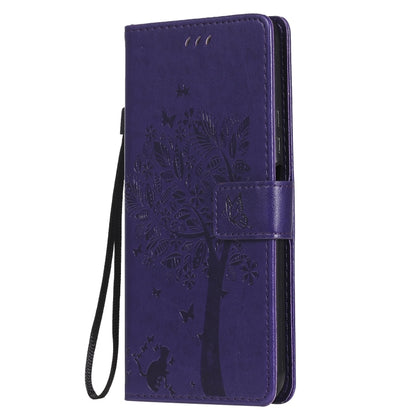 For Huawei Y9a Tree & Cat Pattern Pressed Printing Horizontal Flip PU Leather Case with Holder & Card Slots & Wallet & Lanyard(Purple) - Huawei Cases by buy2fix | Online Shopping UK | buy2fix