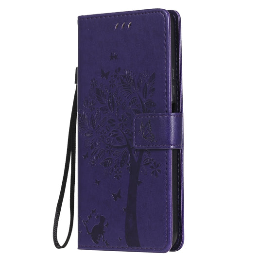 For Huawei Y9a Tree & Cat Pattern Pressed Printing Horizontal Flip PU Leather Case with Holder & Card Slots & Wallet & Lanyard(Purple) - Huawei Cases by buy2fix | Online Shopping UK | buy2fix