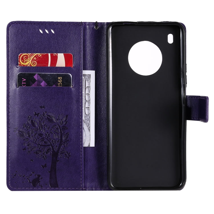 For Huawei Y9a Tree & Cat Pattern Pressed Printing Horizontal Flip PU Leather Case with Holder & Card Slots & Wallet & Lanyard(Purple) - Huawei Cases by buy2fix | Online Shopping UK | buy2fix