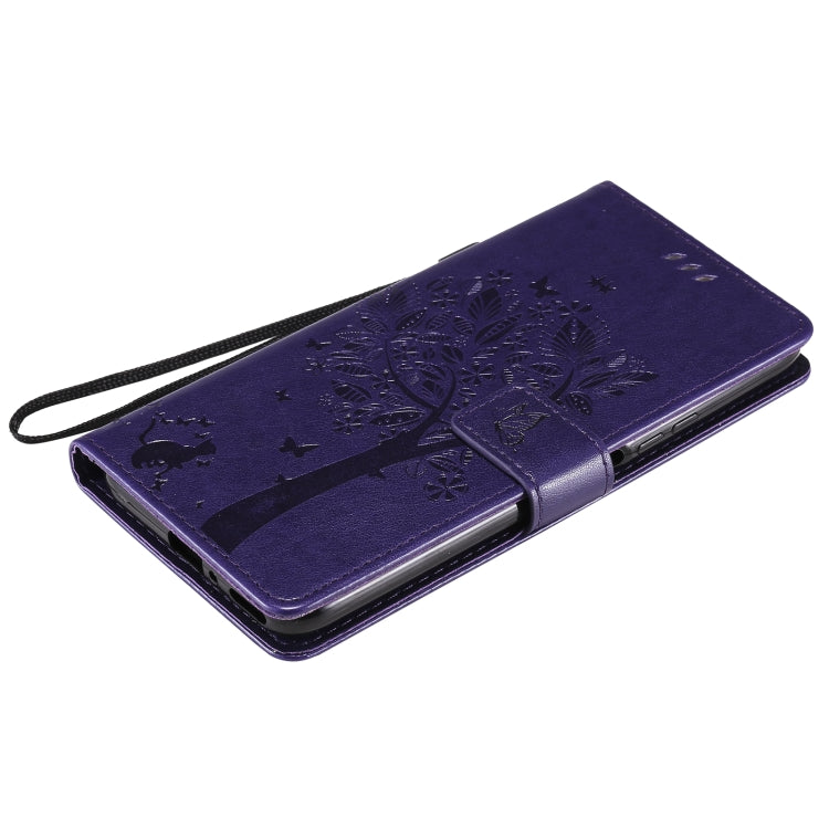 For Huawei Y9a Tree & Cat Pattern Pressed Printing Horizontal Flip PU Leather Case with Holder & Card Slots & Wallet & Lanyard(Purple) - Huawei Cases by buy2fix | Online Shopping UK | buy2fix