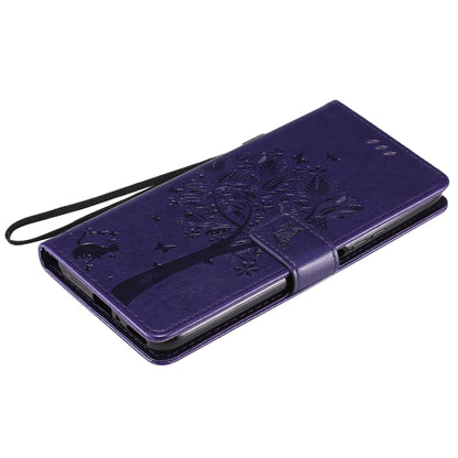 For Huawei Y9a Tree & Cat Pattern Pressed Printing Horizontal Flip PU Leather Case with Holder & Card Slots & Wallet & Lanyard(Purple) - Huawei Cases by buy2fix | Online Shopping UK | buy2fix