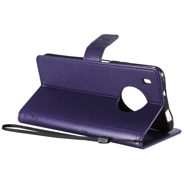 For Huawei Y9a Tree & Cat Pattern Pressed Printing Horizontal Flip PU Leather Case with Holder & Card Slots & Wallet & Lanyard(Purple) - Huawei Cases by buy2fix | Online Shopping UK | buy2fix