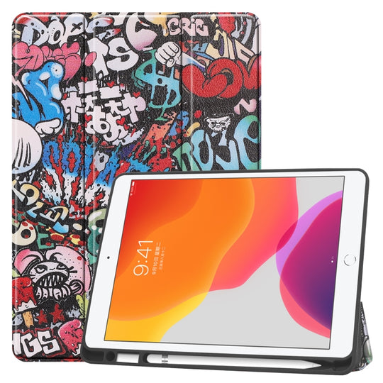 For iPad 10.2 2021 / 2020 / 2019 TPU Colored Drawing Horizontal Flip Leather Case with Three-folding Holder & Sleep / Wake-up Function(Graffiti)