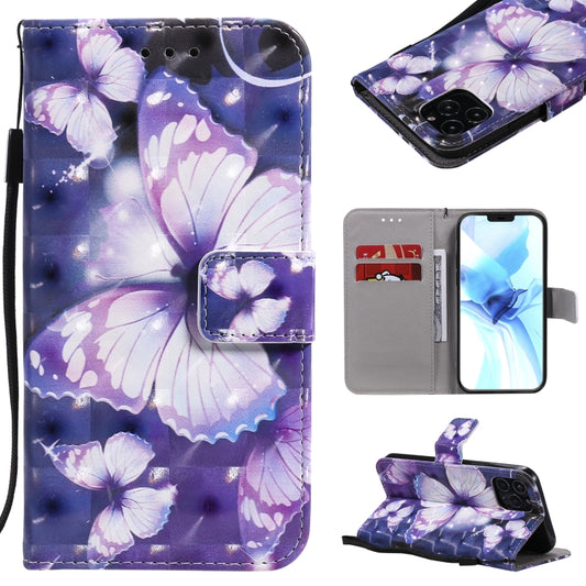 For iPhone 12 / 12 Pro 3D Painting Horizontal Flip Leather Case with Holder & Card Slot & Lanyard(Purple Butterflies) - iPhone 12 / 12 Pro Cases by buy2fix | Online Shopping UK | buy2fix