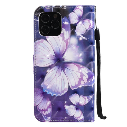 For iPhone 12 / 12 Pro 3D Painting Horizontal Flip Leather Case with Holder & Card Slot & Lanyard(Purple Butterflies) - iPhone 12 / 12 Pro Cases by buy2fix | Online Shopping UK | buy2fix