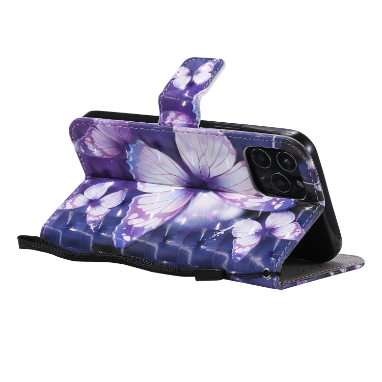 For iPhone 12 / 12 Pro 3D Painting Horizontal Flip Leather Case with Holder & Card Slot & Lanyard(Purple Butterflies) - iPhone 12 / 12 Pro Cases by buy2fix | Online Shopping UK | buy2fix