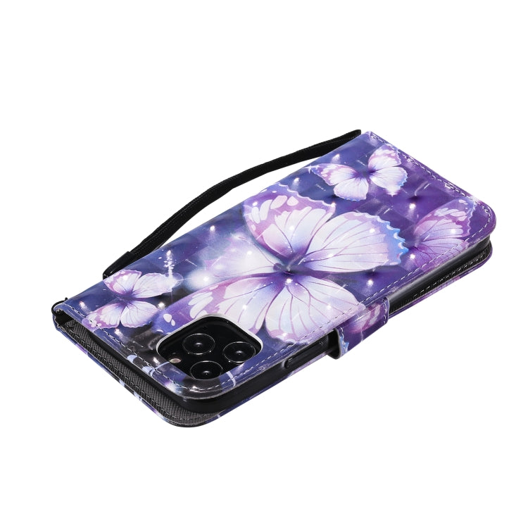 For iPhone 12 / 12 Pro 3D Painting Horizontal Flip Leather Case with Holder & Card Slot & Lanyard(Purple Butterflies) - iPhone 12 / 12 Pro Cases by buy2fix | Online Shopping UK | buy2fix