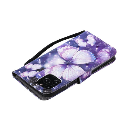 For iPhone 12 / 12 Pro 3D Painting Horizontal Flip Leather Case with Holder & Card Slot & Lanyard(Purple Butterflies) - iPhone 12 / 12 Pro Cases by buy2fix | Online Shopping UK | buy2fix
