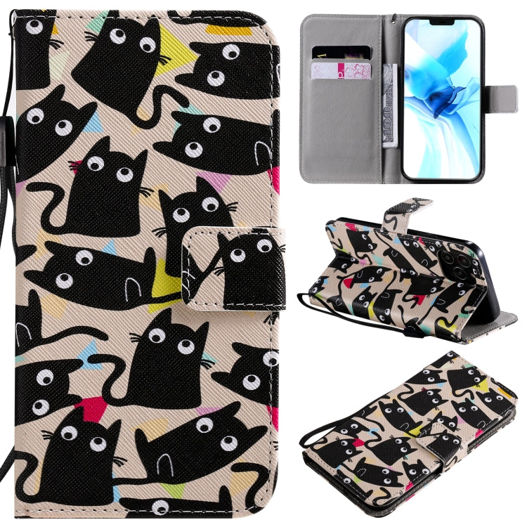 For iPhone 12 / 12 Pro Painting Horizontal Flip Leather Case with Holder & Card Slot & Lanyard(Cat) - iPhone 12 / 12 Pro Cases by buy2fix | Online Shopping UK | buy2fix