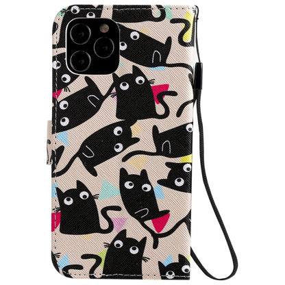 For iPhone 12 / 12 Pro Painting Horizontal Flip Leather Case with Holder & Card Slot & Lanyard(Cat) - iPhone 12 / 12 Pro Cases by buy2fix | Online Shopping UK | buy2fix