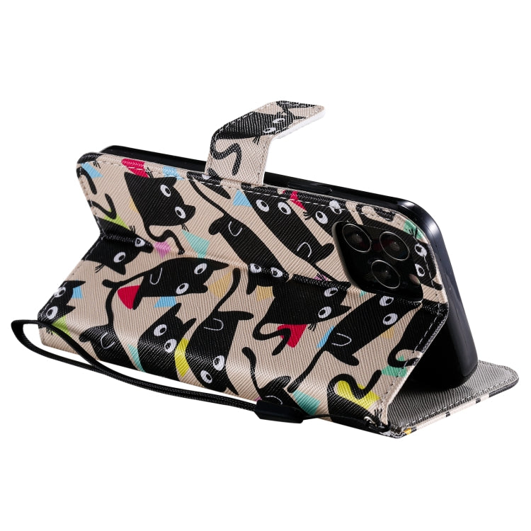 For iPhone 12 / 12 Pro Painting Horizontal Flip Leather Case with Holder & Card Slot & Lanyard(Cat) - iPhone 12 / 12 Pro Cases by buy2fix | Online Shopping UK | buy2fix
