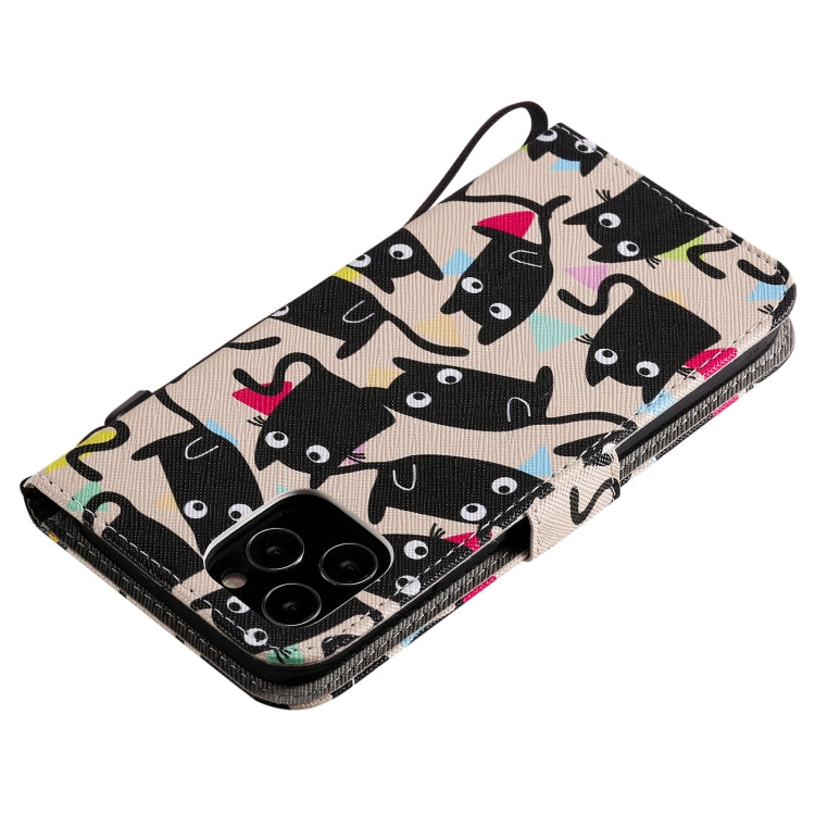 For iPhone 12 / 12 Pro Painting Horizontal Flip Leather Case with Holder & Card Slot & Lanyard(Cat) - iPhone 12 / 12 Pro Cases by buy2fix | Online Shopping UK | buy2fix
