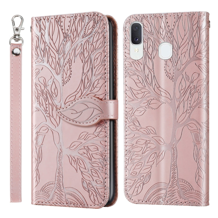 For Samsung Galaxy A20e Life of Tree Embossing Pattern Horizontal Flip Leather Case with Holder & Card Slot & Wallet & Photo Frame & Lanyard(Rose Gold) by buy2fix