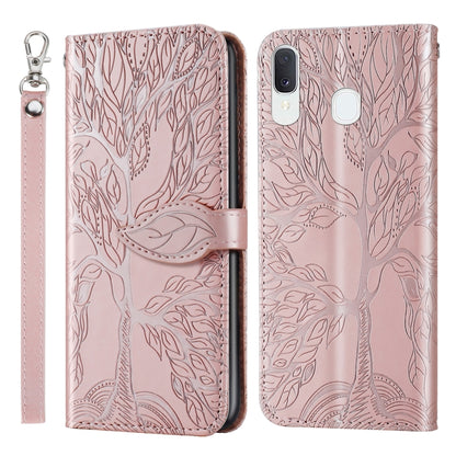 For Samsung Galaxy A20e Life of Tree Embossing Pattern Horizontal Flip Leather Case with Holder & Card Slot & Wallet & Photo Frame & Lanyard(Rose Gold) by buy2fix
