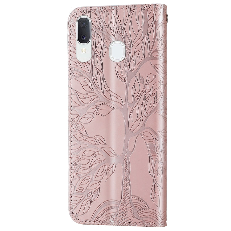 For Samsung Galaxy A20e Life of Tree Embossing Pattern Horizontal Flip Leather Case with Holder & Card Slot & Wallet & Photo Frame & Lanyard(Rose Gold) by buy2fix