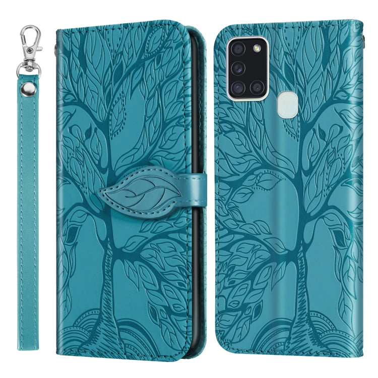 For Samsung Galaxy A21s Life of Tree Embossing Pattern Horizontal Flip Leather Case with Holder & Card Slot & Wallet & Photo Frame & Lanyard(Lake Blue) by buy2fix