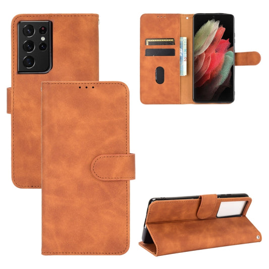 For Samsung Galaxy S21 Ultra 5G Solid Color Skin Feel Magnetic Buckle Horizontal Flip Calf Texture PU Leather Case with Holder & Card Slots & Wallet(Brown) - Galaxy S21 Ultra 5G Cases by buy2fix | Online Shopping UK | buy2fix
