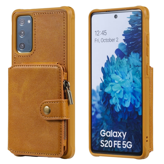 Zipper Shockproof Protective Case with Card Slots & Bracket & Photo Holder & Wallet Function For Samsung Galaxy S20 FE 5G(Brown) by buy2fix