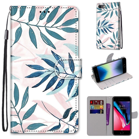 For iPhone SE 2022 / SE 2020 / 8 / 7 Coloured Drawing Cross Texture Horizontal Flip PU Leather Case with Holder & Card Slots & Wallet & Lanyard(Pink Green Leaf) - iPhone SE 2022 / 2020 / 8 / 7 Cases by buy2fix | Online Shopping UK | buy2fix
