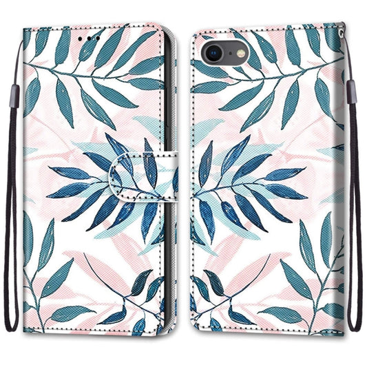 For iPhone SE 2022 / SE 2020 / 8 / 7 Coloured Drawing Cross Texture Horizontal Flip PU Leather Case with Holder & Card Slots & Wallet & Lanyard(Pink Green Leaf) - iPhone SE 2022 / 2020 / 8 / 7 Cases by buy2fix | Online Shopping UK | buy2fix