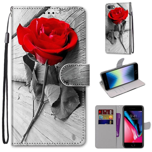 For iPhone SE 2022 / SE 2020 / 8 / 7 Coloured Drawing Cross Texture Horizontal Flip PU Leather Case with Holder & Card Slots & Wallet & Lanyard(B10 Wood Red Rose) - iPhone SE 2022 / 2020 / 8 / 7 Cases by buy2fix | Online Shopping UK | buy2fix