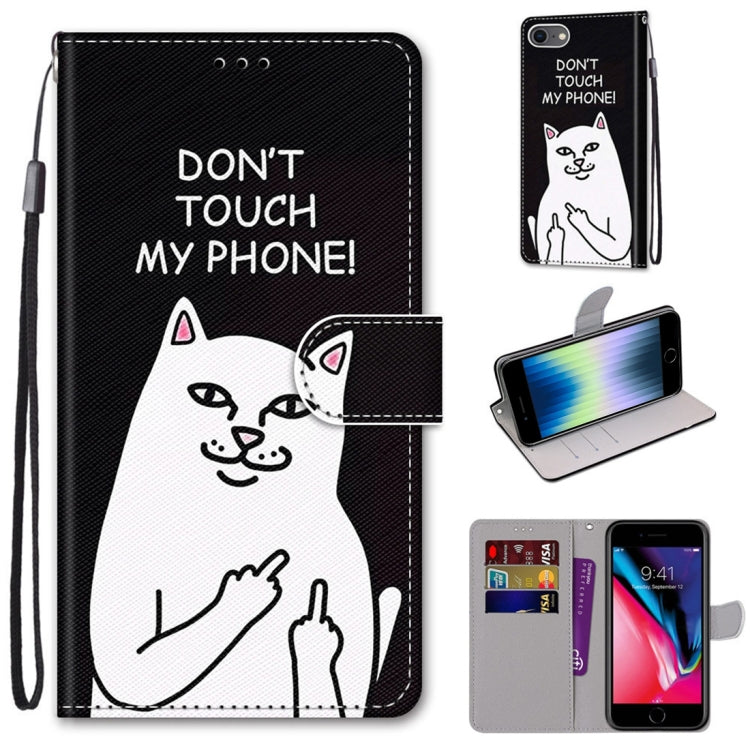 For iPhone SE 2022 / SE 2020 / 8 / 7 Coloured Drawing Cross Texture Horizontal Flip PU Leather Case with Holder & Card Slots & Wallet & Lanyard(Middle Finger White Cat) - iPhone SE 2022 / 2020 / 8 / 7 Cases by buy2fix | Online Shopping UK | buy2fix