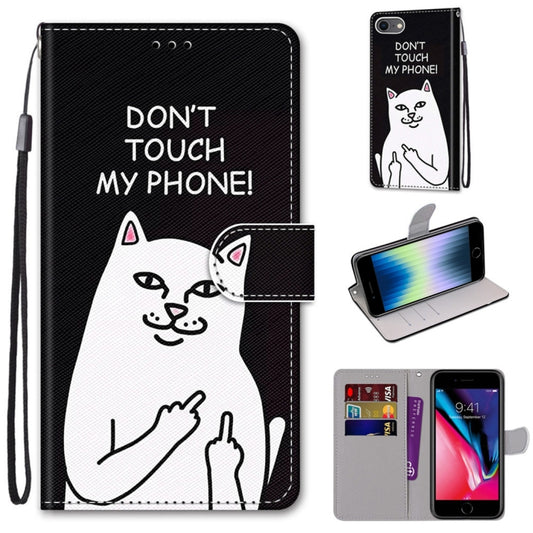 For iPhone SE 2022 / SE 2020 / 8 / 7 Coloured Drawing Cross Texture Horizontal Flip PU Leather Case with Holder & Card Slots & Wallet & Lanyard(Middle Finger White Cat) - iPhone SE 2022 / 2020 / 8 / 7 Cases by buy2fix | Online Shopping UK | buy2fix