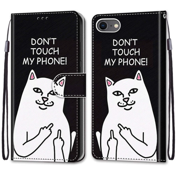 For iPhone SE 2022 / SE 2020 / 8 / 7 Coloured Drawing Cross Texture Horizontal Flip PU Leather Case with Holder & Card Slots & Wallet & Lanyard(Middle Finger White Cat) - iPhone SE 2022 / 2020 / 8 / 7 Cases by buy2fix | Online Shopping UK | buy2fix