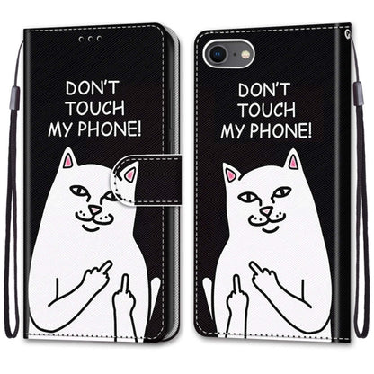 For iPhone SE 2022 / SE 2020 / 8 / 7 Coloured Drawing Cross Texture Horizontal Flip PU Leather Case with Holder & Card Slots & Wallet & Lanyard(Middle Finger White Cat) - iPhone SE 2022 / 2020 / 8 / 7 Cases by buy2fix | Online Shopping UK | buy2fix