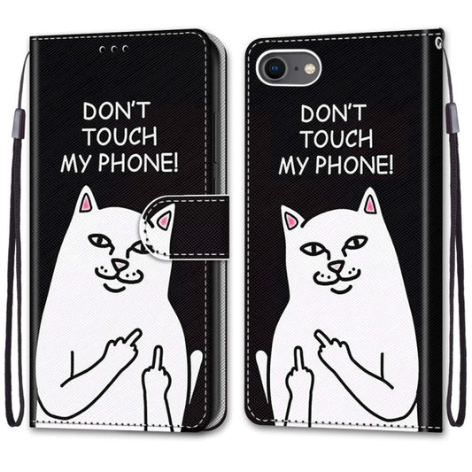 For iPhone SE 2022 / SE 2020 / 8 / 7 Coloured Drawing Cross Texture Horizontal Flip PU Leather Case with Holder & Card Slots & Wallet & Lanyard(Middle Finger White Cat) - iPhone SE 2022 / 2020 / 8 / 7 Cases by buy2fix | Online Shopping UK | buy2fix