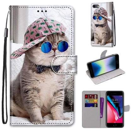 For iPhone SE 2022 / SE 2020 / 8 / 7 Coloured Drawing Cross Texture Horizontal Flip PU Leather Case with Holder & Card Slots & Wallet & Lanyard(Slant Hat Blue Mirror Cat) - iPhone SE 2022 / 2020 / 8 / 7 Cases by buy2fix | Online Shopping UK | buy2fix