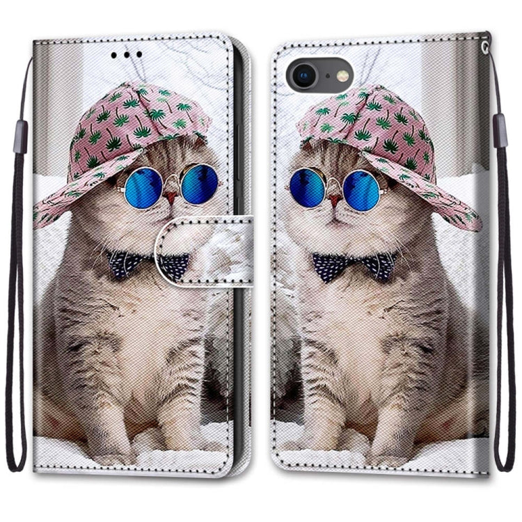 For iPhone SE 2022 / SE 2020 / 8 / 7 Coloured Drawing Cross Texture Horizontal Flip PU Leather Case with Holder & Card Slots & Wallet & Lanyard(Slant Hat Blue Mirror Cat) - iPhone SE 2022 / 2020 / 8 / 7 Cases by buy2fix | Online Shopping UK | buy2fix