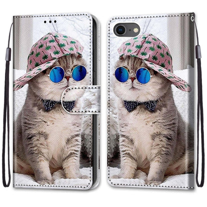 For iPhone SE 2022 / SE 2020 / 8 / 7 Coloured Drawing Cross Texture Horizontal Flip PU Leather Case with Holder & Card Slots & Wallet & Lanyard(Slant Hat Blue Mirror Cat) - iPhone SE 2022 / 2020 / 8 / 7 Cases by buy2fix | Online Shopping UK | buy2fix