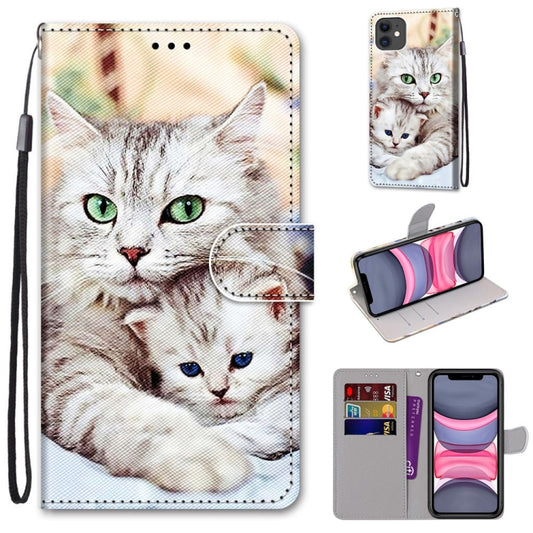 For iPhone 11 Coloured Drawing Cross Texture Horizontal Flip PU Leather Case with Holder & Card Slots & Wallet & Lanyard (Big Cat Holding Kitten) - iPhone 11 Cases by buy2fix | Online Shopping UK | buy2fix