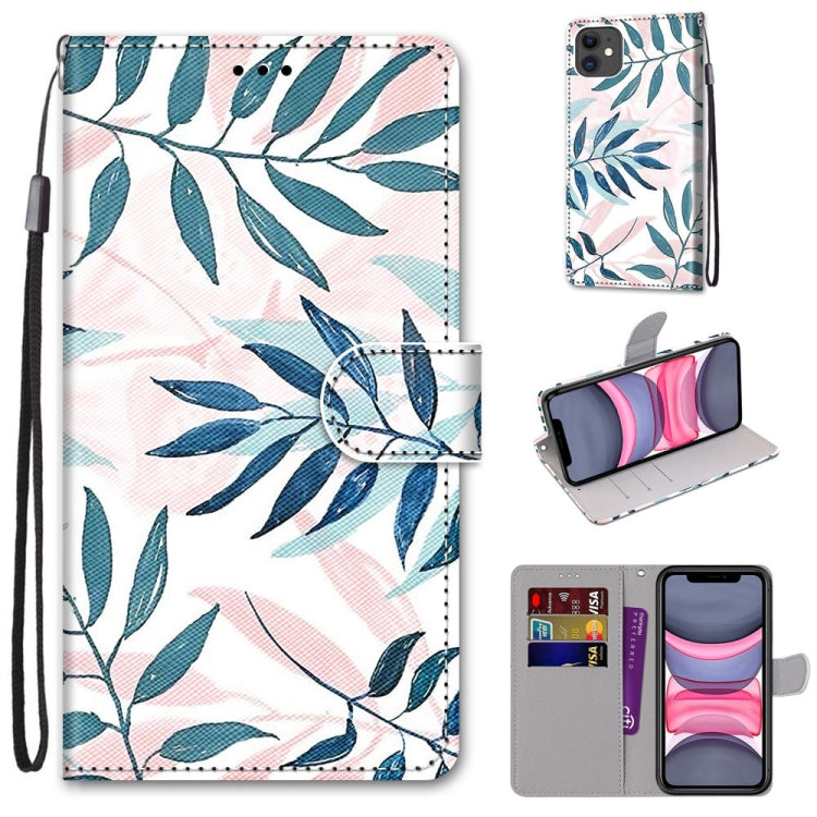 For iPhone 11 Coloured Drawing Cross Texture Horizontal Flip PU Leather Case with Holder & Card Slots & Wallet & Lanyard (Pink Green Leaf) - iPhone 11 Cases by buy2fix | Online Shopping UK | buy2fix