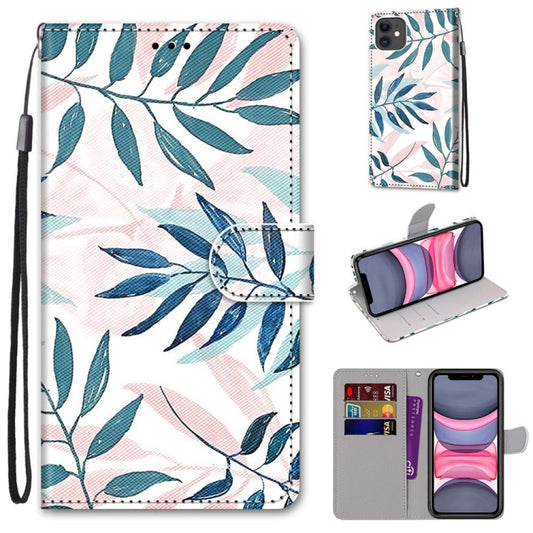 For iPhone 11 Coloured Drawing Cross Texture Horizontal Flip PU Leather Case with Holder & Card Slots & Wallet & Lanyard (Pink Green Leaf) - iPhone 11 Cases by buy2fix | Online Shopping UK | buy2fix