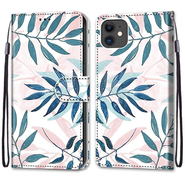 For iPhone 11 Coloured Drawing Cross Texture Horizontal Flip PU Leather Case with Holder & Card Slots & Wallet & Lanyard (Pink Green Leaf) - iPhone 11 Cases by buy2fix | Online Shopping UK | buy2fix