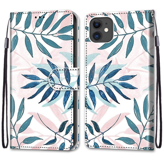 For iPhone 11 Coloured Drawing Cross Texture Horizontal Flip PU Leather Case with Holder & Card Slots & Wallet & Lanyard (Pink Green Leaf) - iPhone 11 Cases by buy2fix | Online Shopping UK | buy2fix